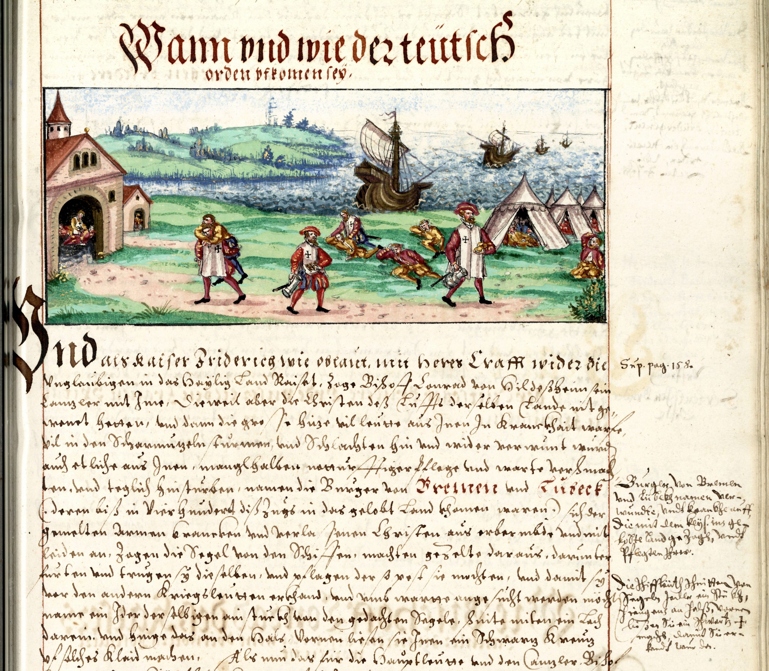 Das Bild zeigt einen Ausschnitt aus der Fries-Chronik, der die Gründung des Deutschen Ordens vor den Toren Akkons darstellt.