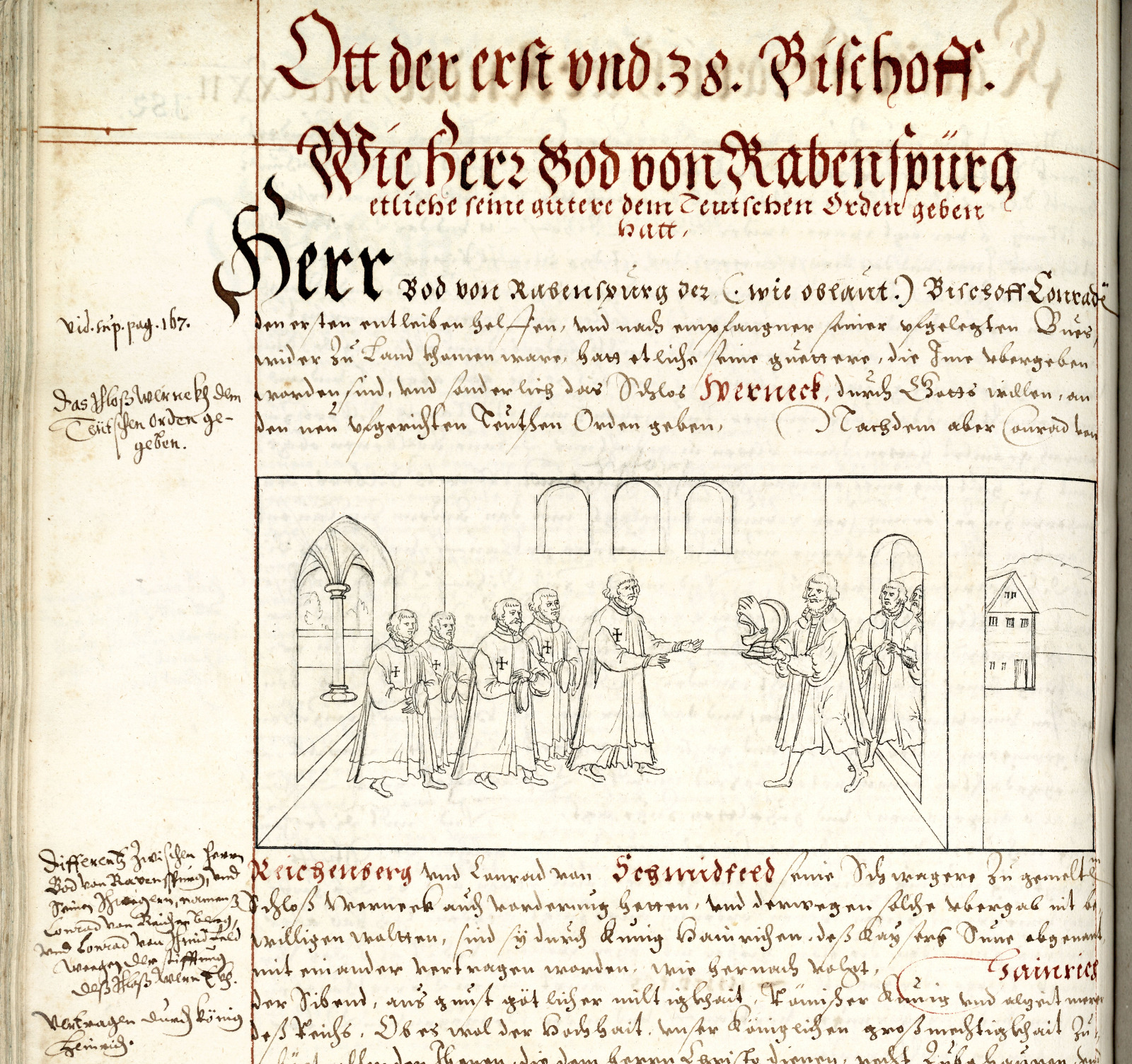 Das Bild zeigt eine nicht kolorierte Darstellung aus der Fries-Chronik, auf welcher einige Ordensbrüder von Bodo II. einen Ritterhelm überreicht bekommen.