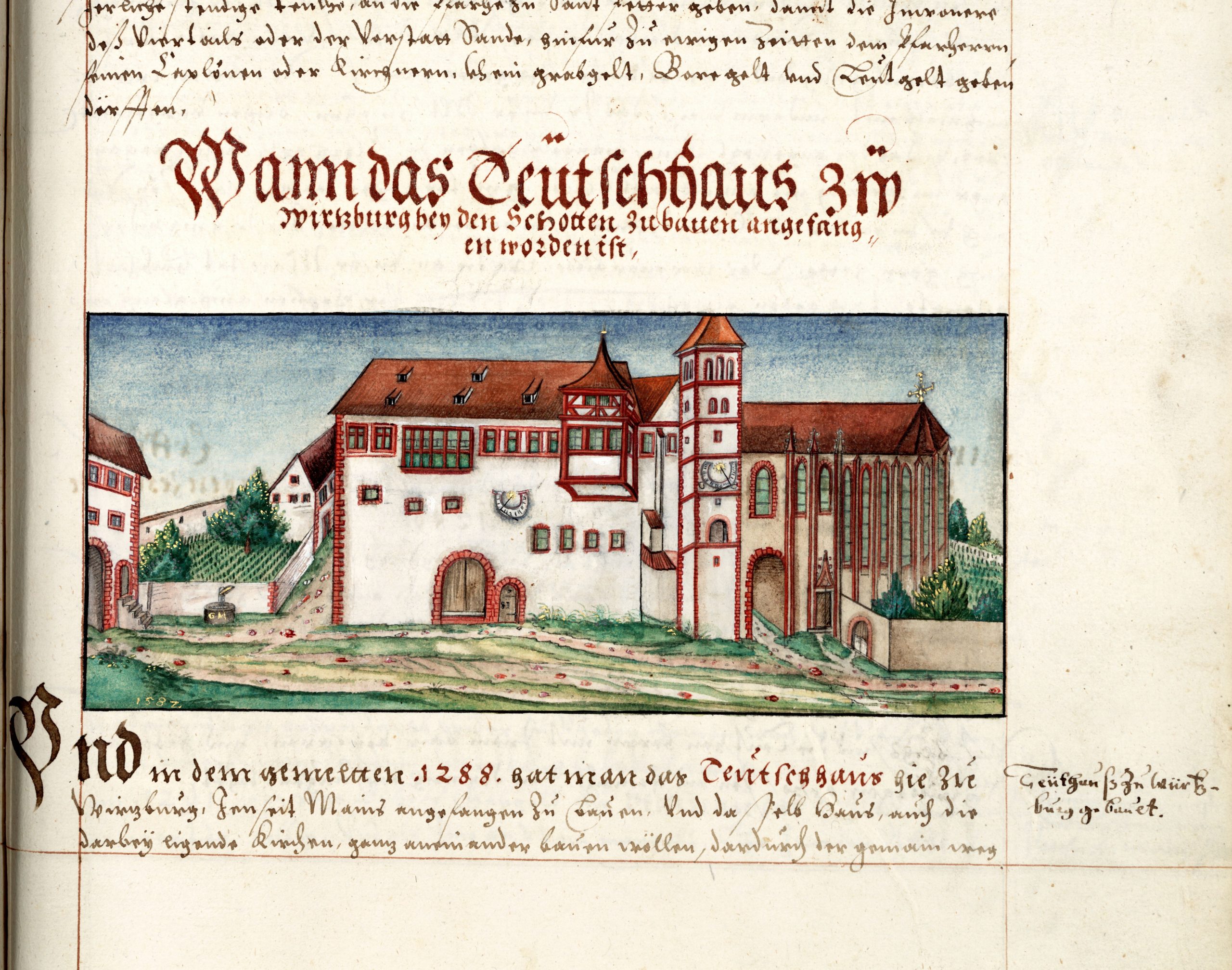 Auf dem Bild sieht man ein Exemplar aus der Fries-Chronik, auf dem die Deutschhauskirche in Würzburg abgebildet ist.