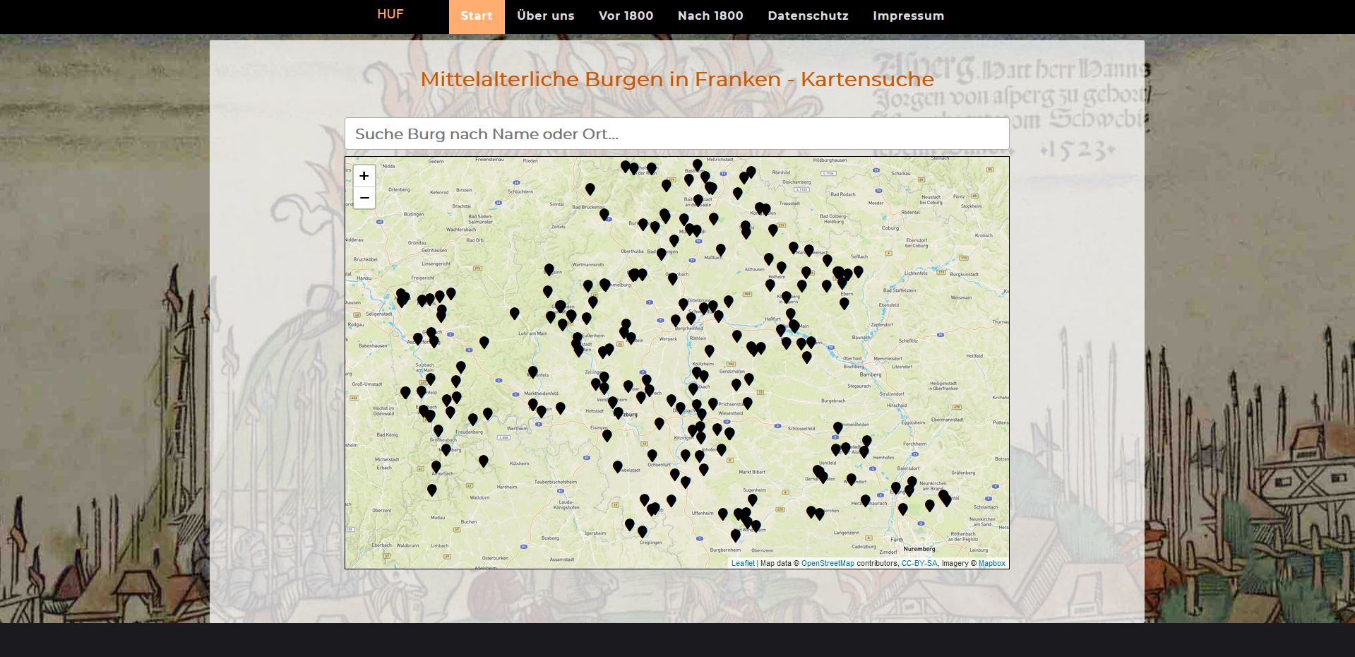 Das Bild zeigt einen Ausschnitt aus einer Burgendatenbank, auf dem eine Landkarte zu sehen ist, auf der mit schwarzen Punkten die vorhandenen mittelalterlichen Burgen gekennzeichnet sind.