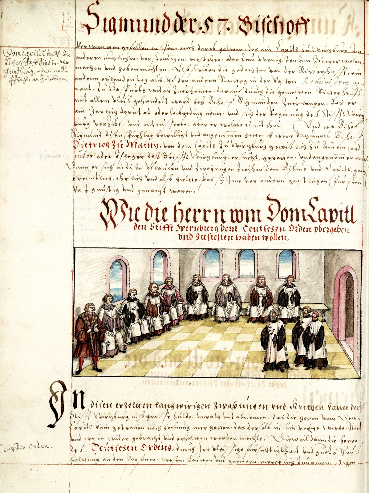 Das Bild zeigt eine Darstellung aus der Fries-Chronik, auf der drei Deutschordensbrüder vor das Würzburger Domkapitel treten.