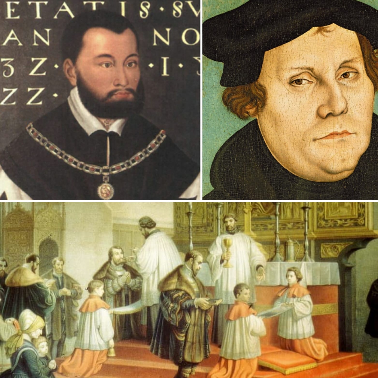 Die Collage besteht aus drei Bildern: Bild 1: Porträt des Hochmeisters Albrecht von Brandenburg-Ansbach Bild 2: Porträt von Martin Luther Bild 3: Bildliche Darstellung des ersten Abendmahls Herzog Albrechts von Preußen nach protestantischem Ritus in der Domkirche zu Königsberg.