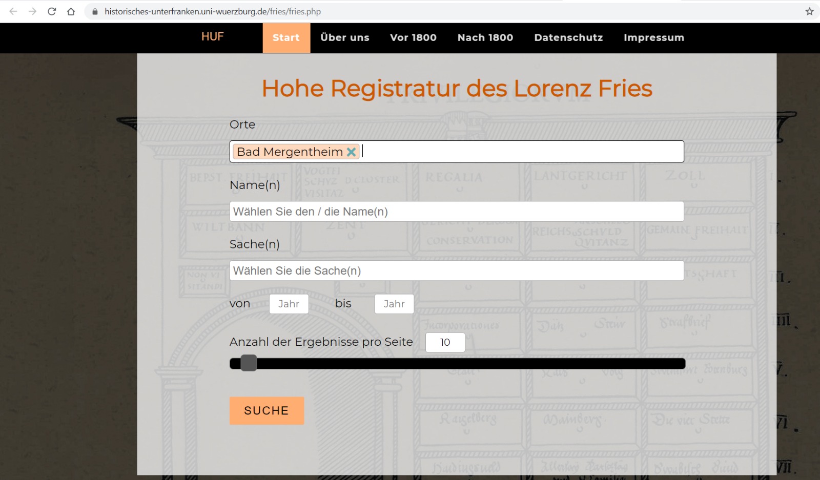 Auf dem Bild sieht man einen Screenshot des Eingabefeldes der Datenbank "Hohe Registratur des Lorenz Fries" der Website "Historisches Unterfranken.