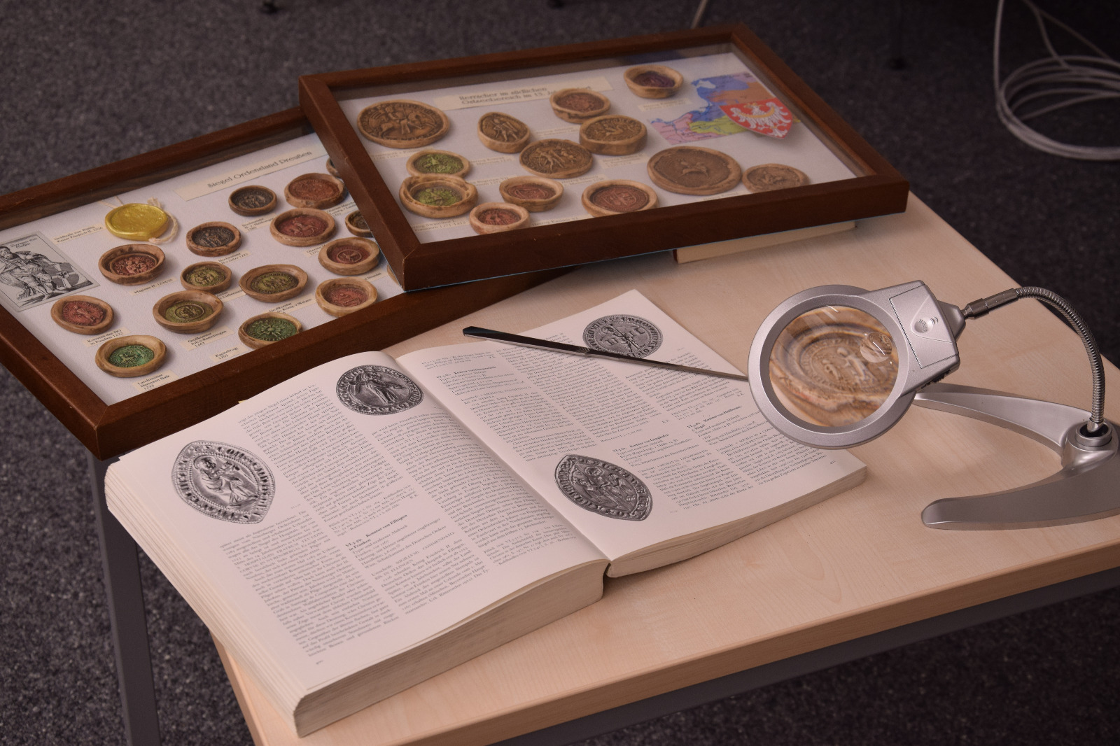 Auf dem Bild sieht man auf einem Tisch ausgebreitet ein Buch über Siegel und am oberen Ende des Tisches zwei Schaukästen, in denen sich verschiedene Siegel befinden.