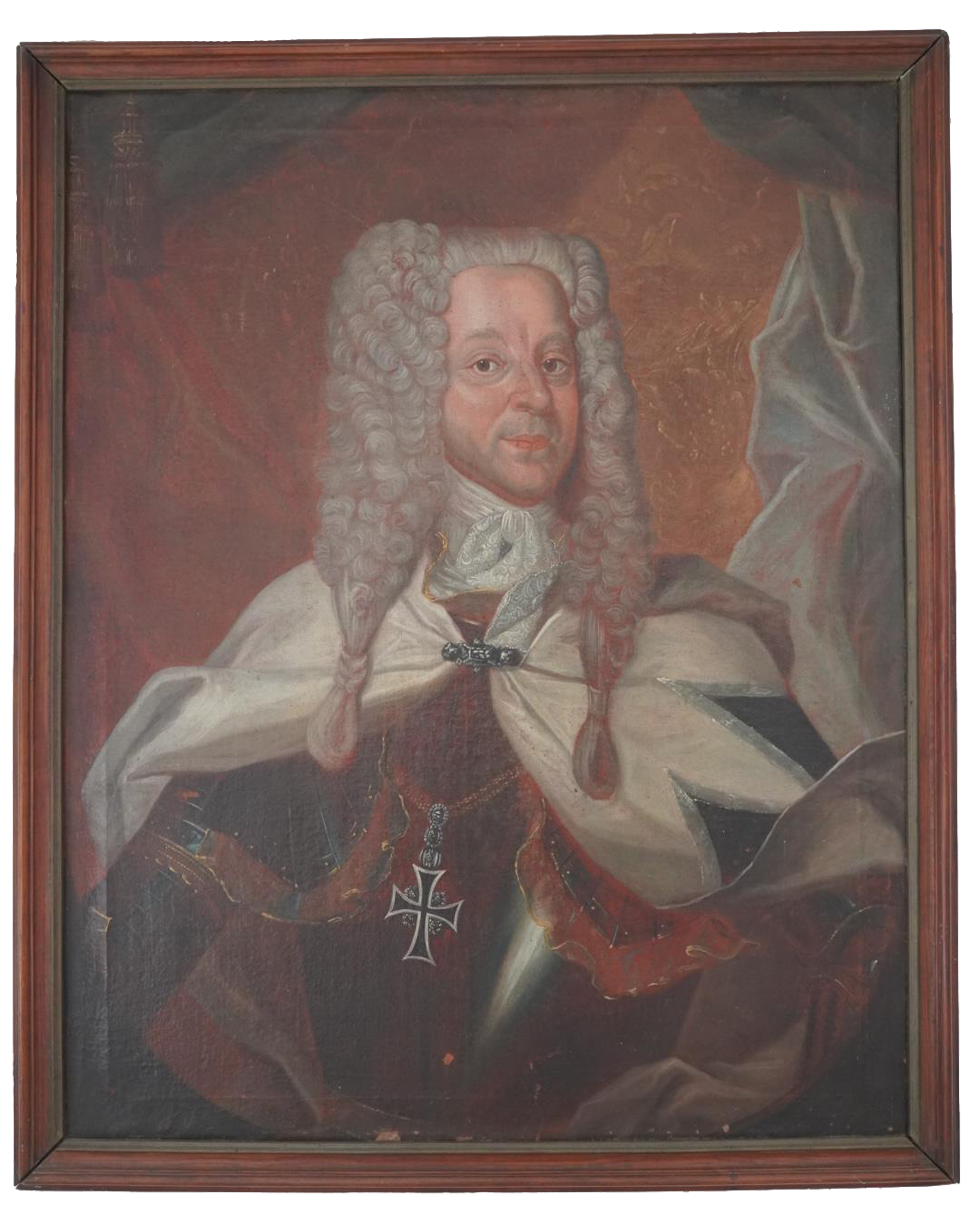 Auf dem Bild sieht man den fränkischen Landkomtur Karl Heinrich Freiherr von Hornstein mit weißer Perücke, Deutschordensornat und Deutschordenskreuz um den Hals.