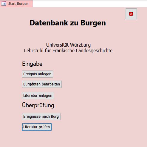 Das Bild zeigt das Eingabefeld der Burgendatenbank.