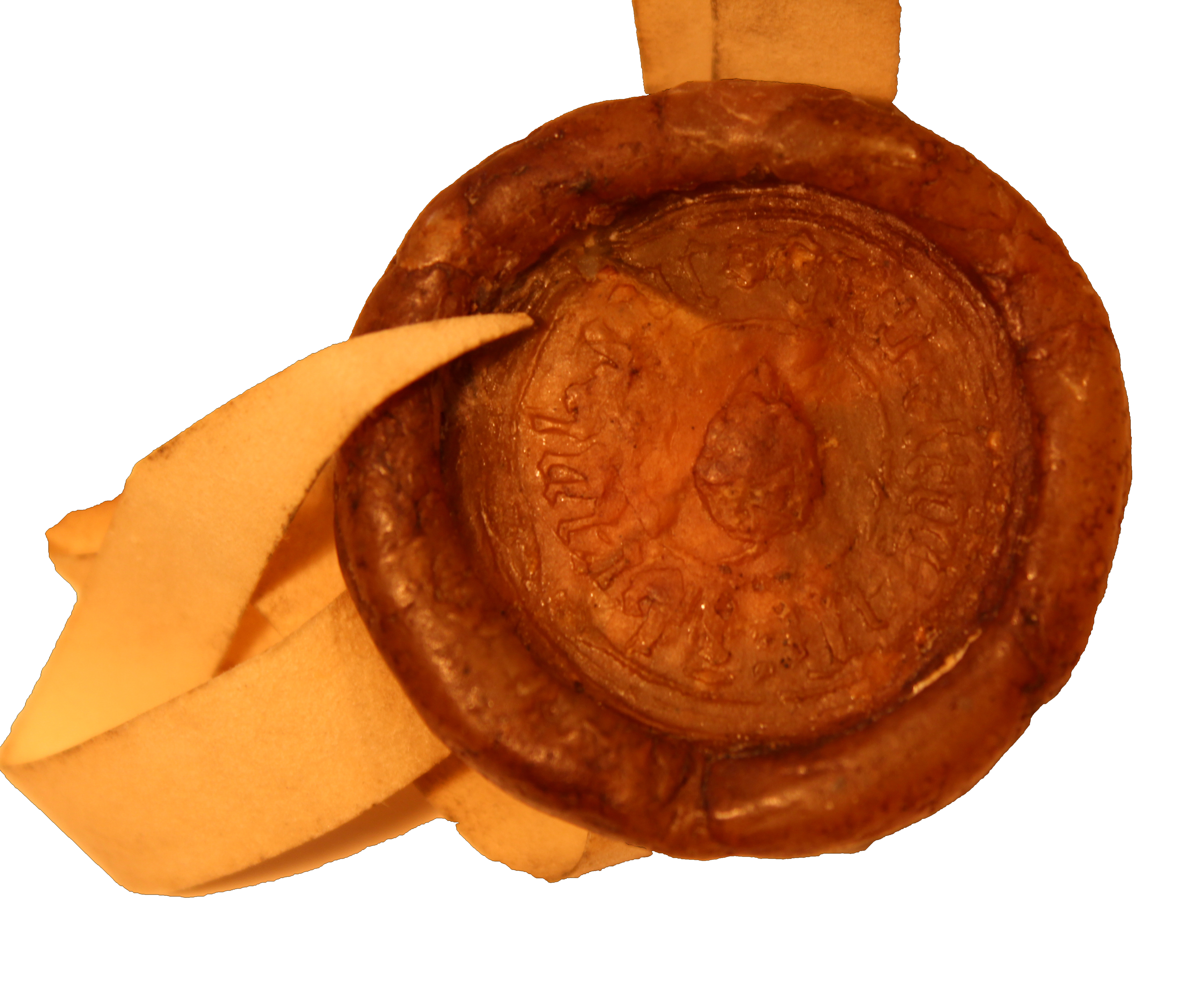 Das Bild zeigt den Abdruck eines rot-bräunlichen Siegels, bei dem es sich um das Amtssiegel des Waldmeisters von Bönhof handelt. Auf dem Siegel ist ein Tannenzapfen abgebildet.