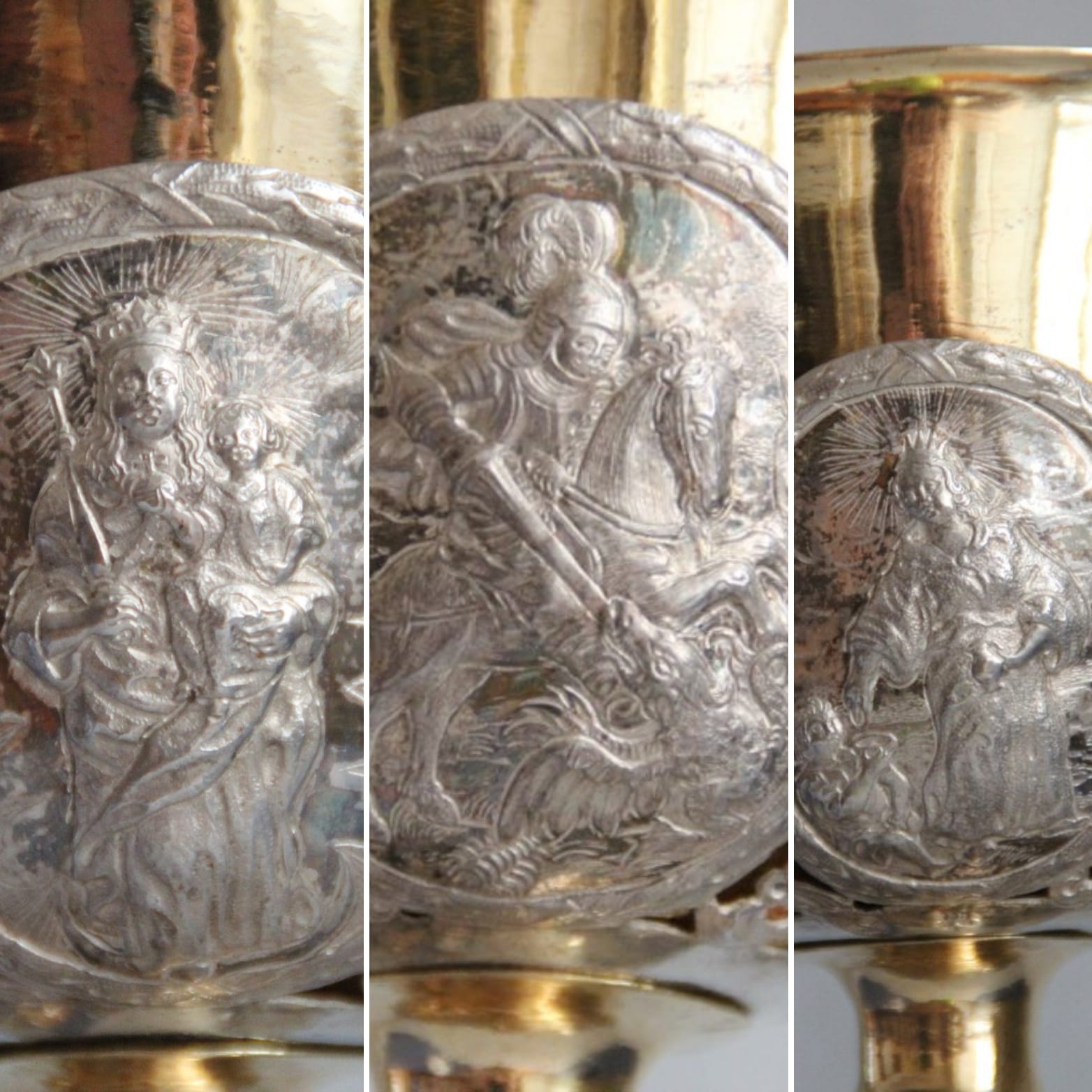 Das Bild besteht aus einer Kollage mit drei kleineren Bildern, die jeweils abgebildete Darstellungen auf einem Messkelch der drei Deutschordensheiligen zeigen.