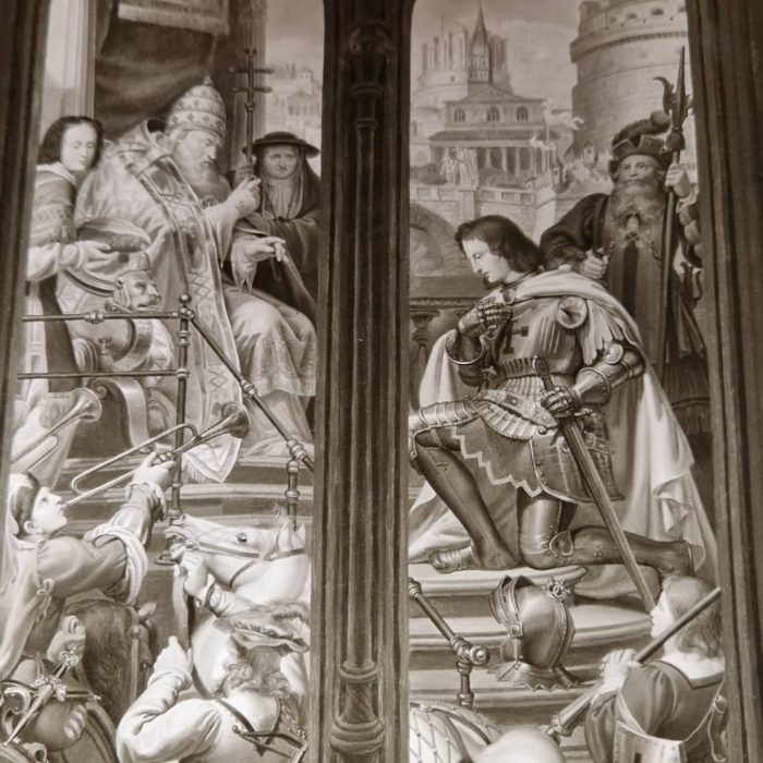 Das Bild stellt die Verleihung des Siegelrings an Hermann von Salza durch Papst Innozenz III. dar.