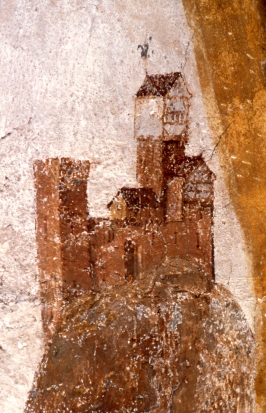 Das Bild zeigt ein Fesko der Burg Hohenstaufen mit zwei Türmen, die auf einem Felsen steht.