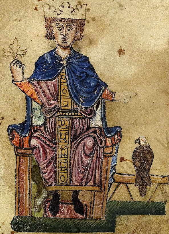 Das Bild zeigt eine Zeichnung Friedrichs II., der auf einem Thron sitzt und eine Krone auf dem Kopf trägt. Am unteren Bildrand ist ein Adler abgebildet.