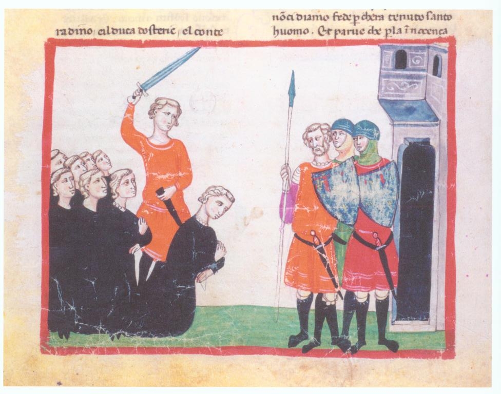 Das Bild stellt eine Zeichnung der Enthauptung König Konradins auf dem Marktplatz von Neapel dar. Konradin kniet in der Mitte des Bildes und über ihm steht ein Mann mit erhobenem Schwert.