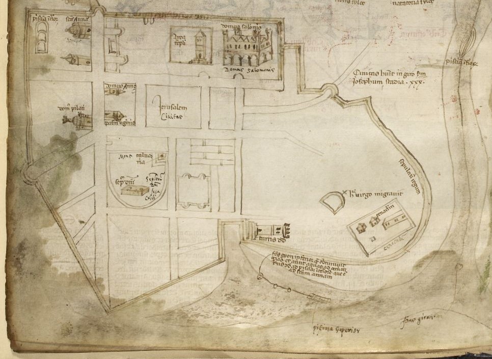 Das Bild zeigt einen nicht kolorierten Ausschnitt einer Karte von Jerusalem aus dem frühen 14. Jahrhundert.
