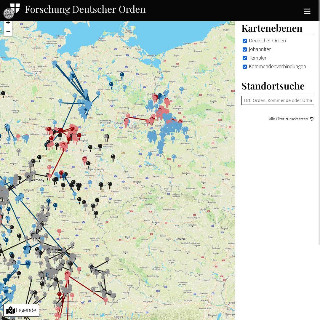 Das Bild zeigt die Kartenebene des "Urbars der geistlichen Ritterorden" mit allen Markierungen zu den Besitzungen aller drei Ritterorden.