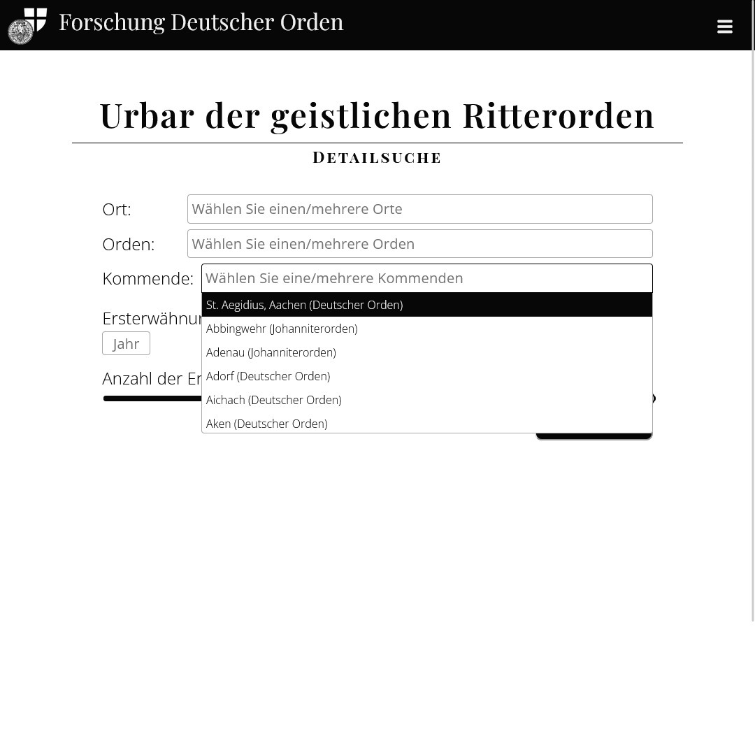 Das Bild zeigt die Internetseite der Detailsuche für die Datenbank "Urbar der geistlichen Ritterorden".