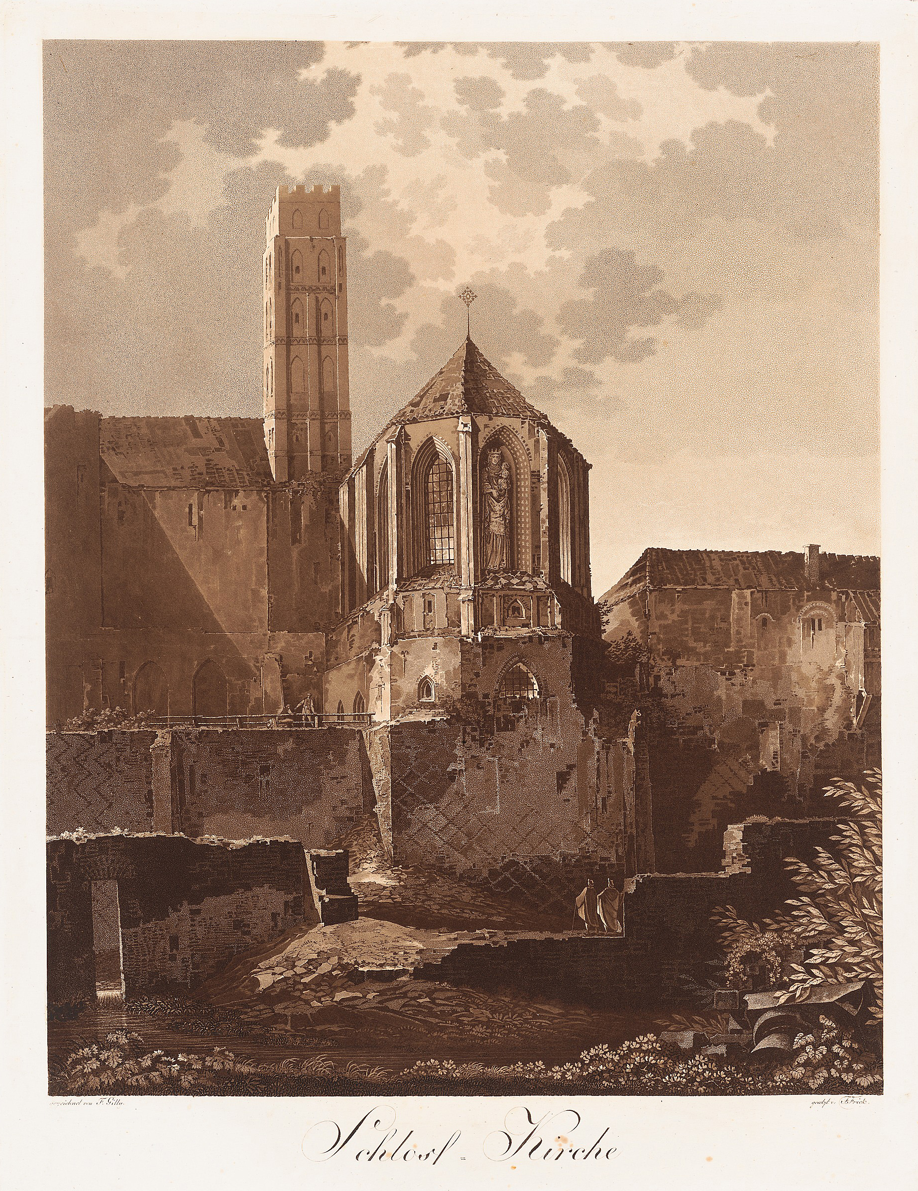 Das Bild zeigt die halb verfallene Marienburg (Malbork) in einer Ansicht von Friedrich Gilly.