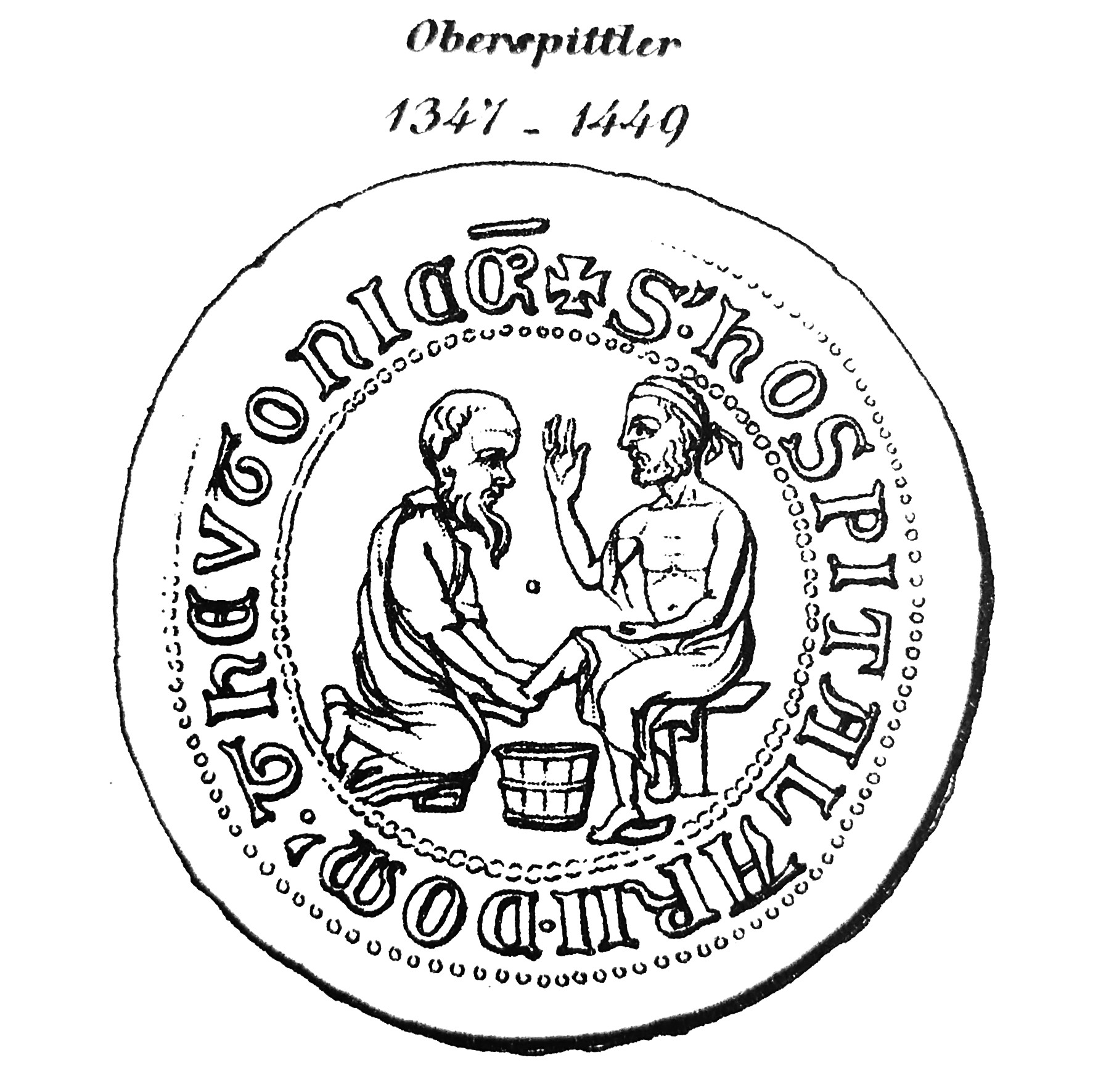 Das Bild zeigt eine schematische Darstellung des Siegels des Obersten Spittlers. Darauf abgebildet ist eine Fußwaschung.