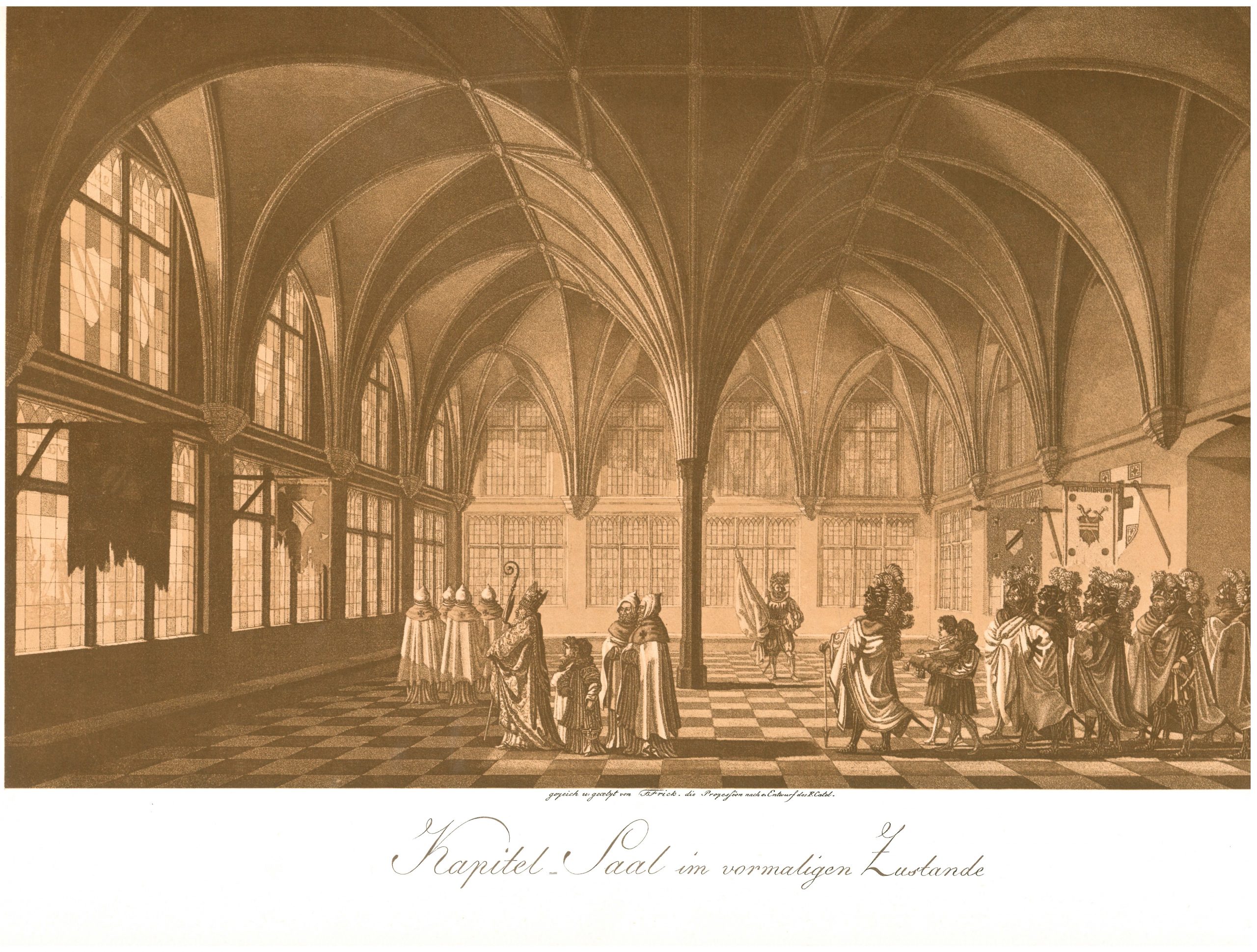Das Bild zeigt einen Stich von ca. 1800 auf dem der Kapitelsaal der Marienburg