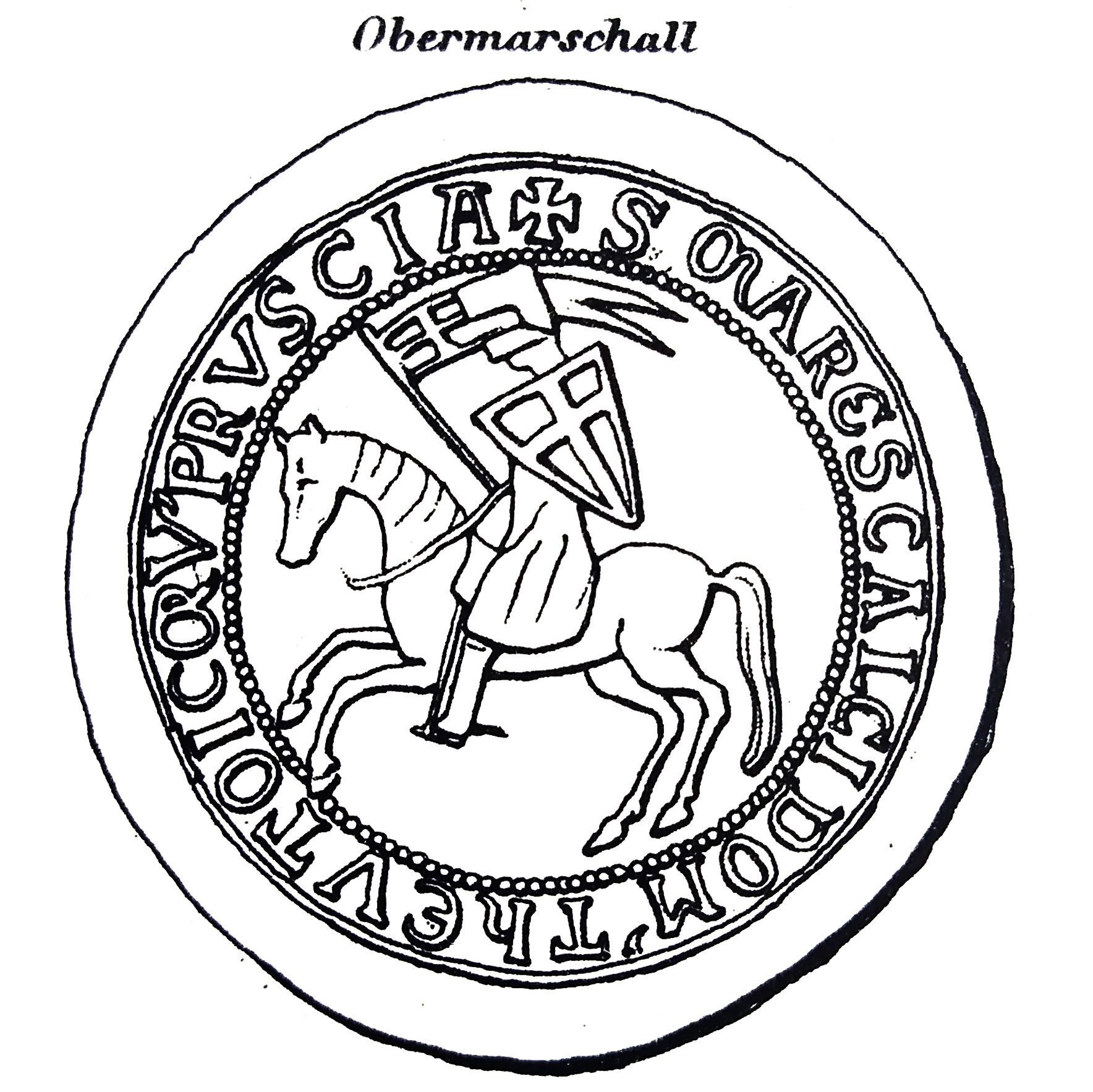 Das Bild zeigt eine schematische Darstellung des Siegels des Obersten Marschalls. Darauf abgebildet ist ein Ritter in Rüstung mit Schild und Fahnenlanze, der auf einem Pferd reitet.