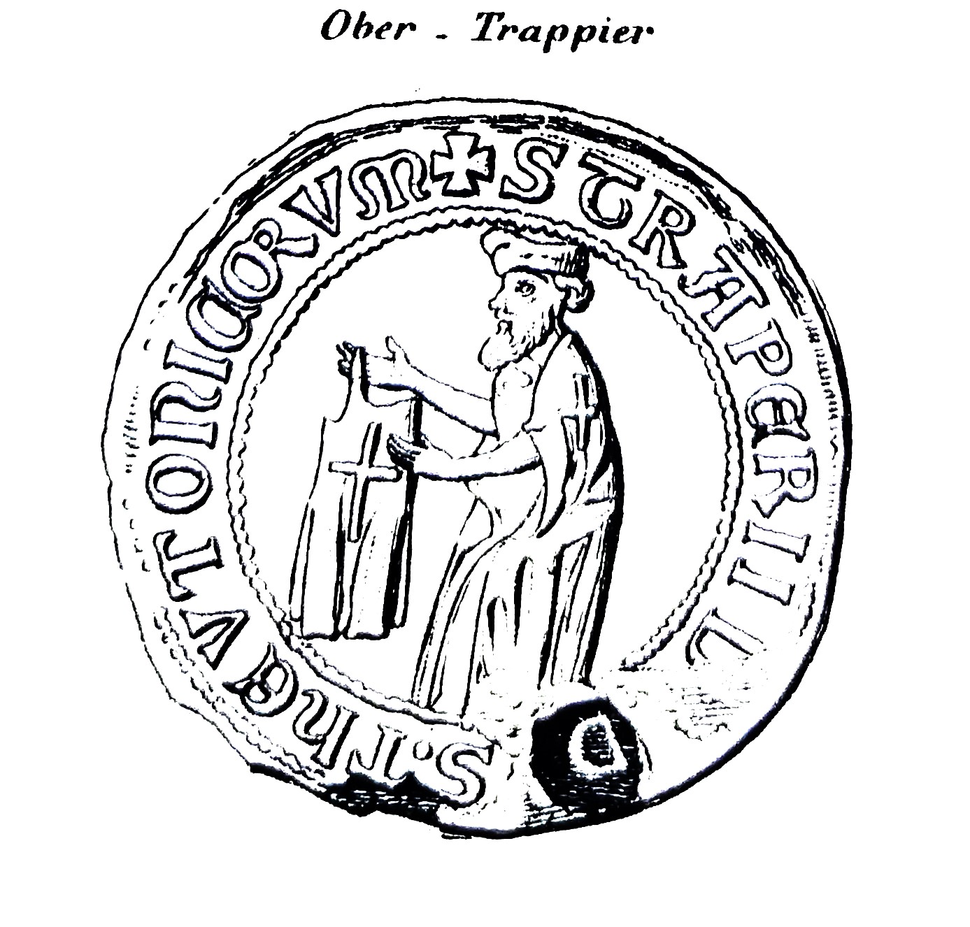 Das Bild zeigt eine schematische Darstellung des Siegels des Obersten Trappiers. Darauf abgebildet ist eine Person in Ordensgewandung mit einem Kleidungsstück in den Händen