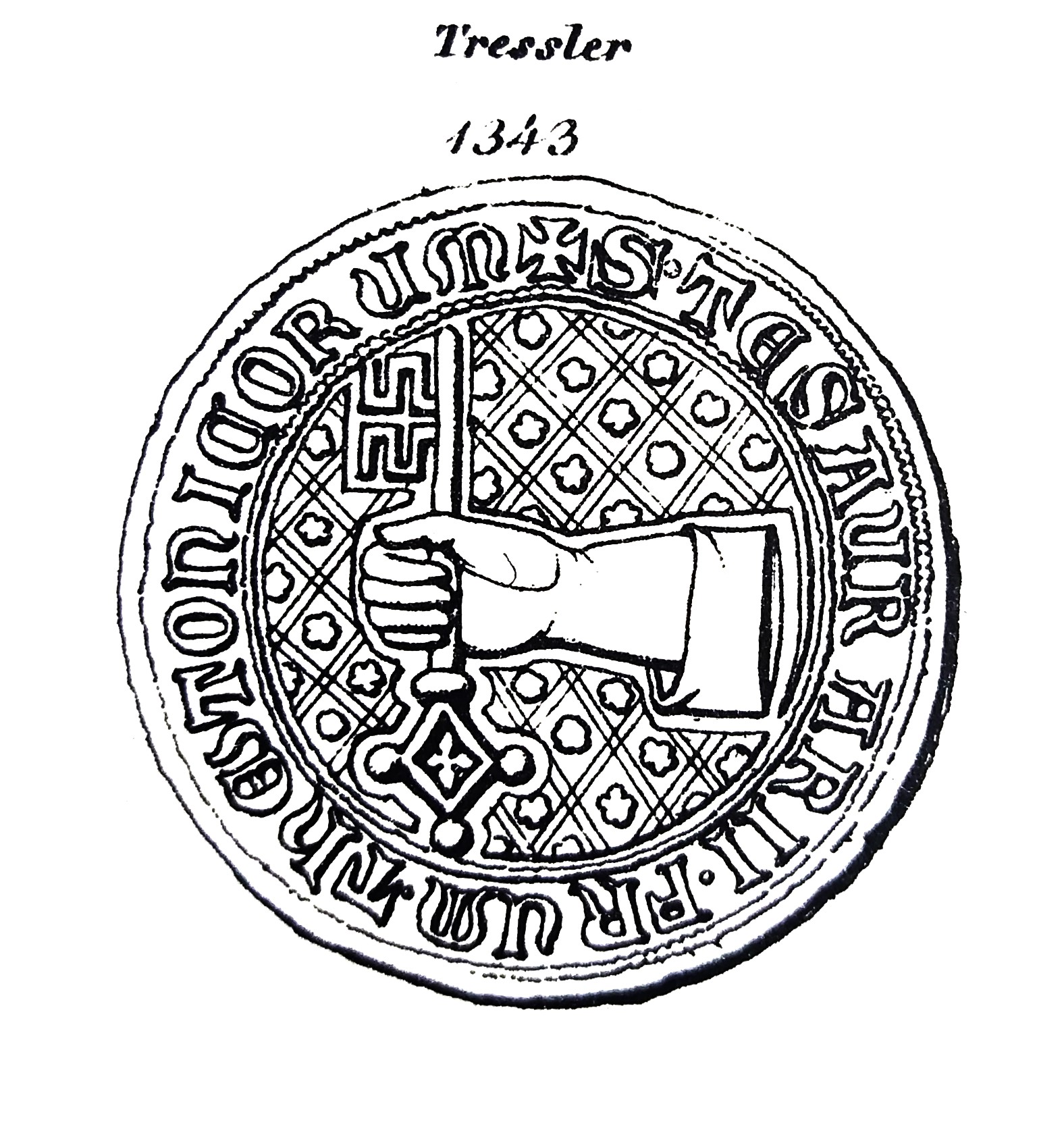 Das Bild zeigt eine schematische Darstellung des Siegels des Obersten Tresslers. Darauf abgebildet ist eine Hand, die einen Schlüssel hält.