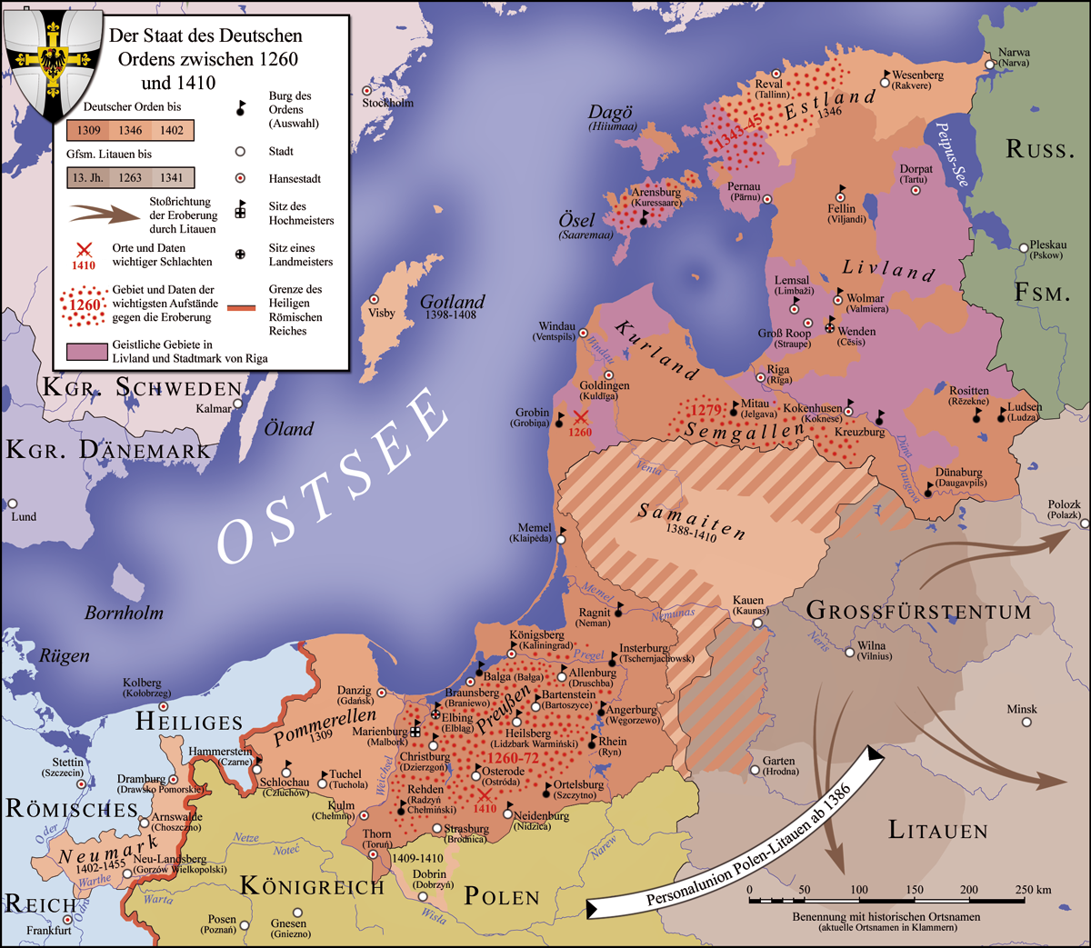 Das Bild zeigt eine Lankarte mit dem Titel: "Der Staat des Deutschen Ordens zwischen 1260 und 1410".