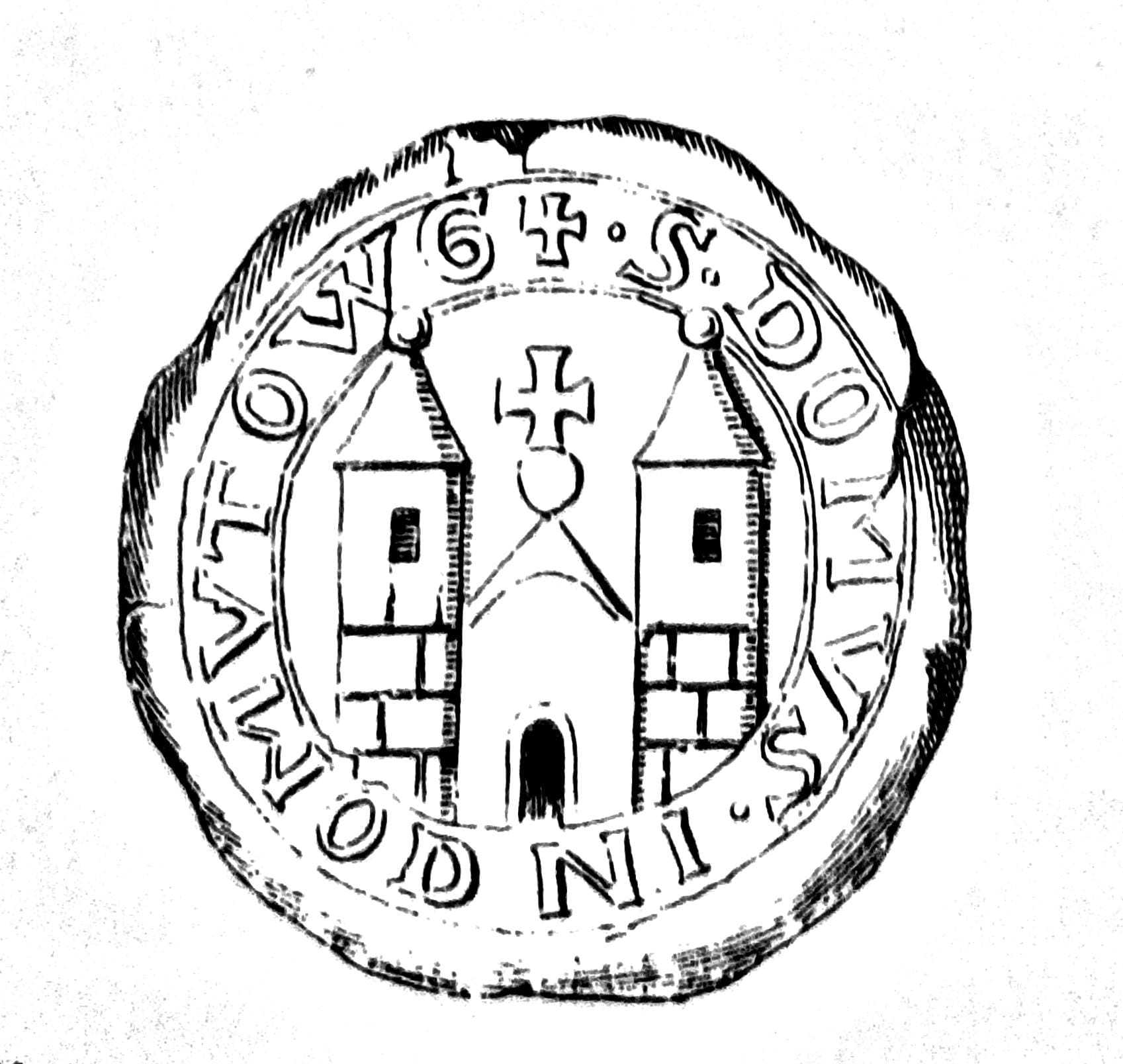 Das Bild zeigt das Siegel der Kommende Komotau, auf dem eine Kirche, mit jeweils einem Turm an beiden Seiten, abgebildet