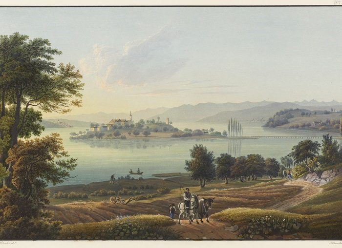 Das Bild zeigt eine Druckgrafik von 1836, auf der die Insel Mainau von der Nordwestseite abgebildet ist.