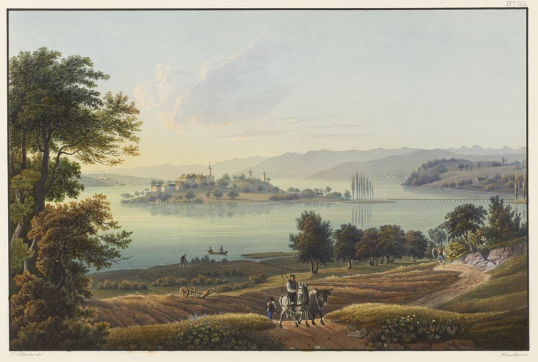 Das Bild zeigt eine Druckgrafik von 1836, auf der die Insel Mainau von der Nordwestseite abgebildet ist.