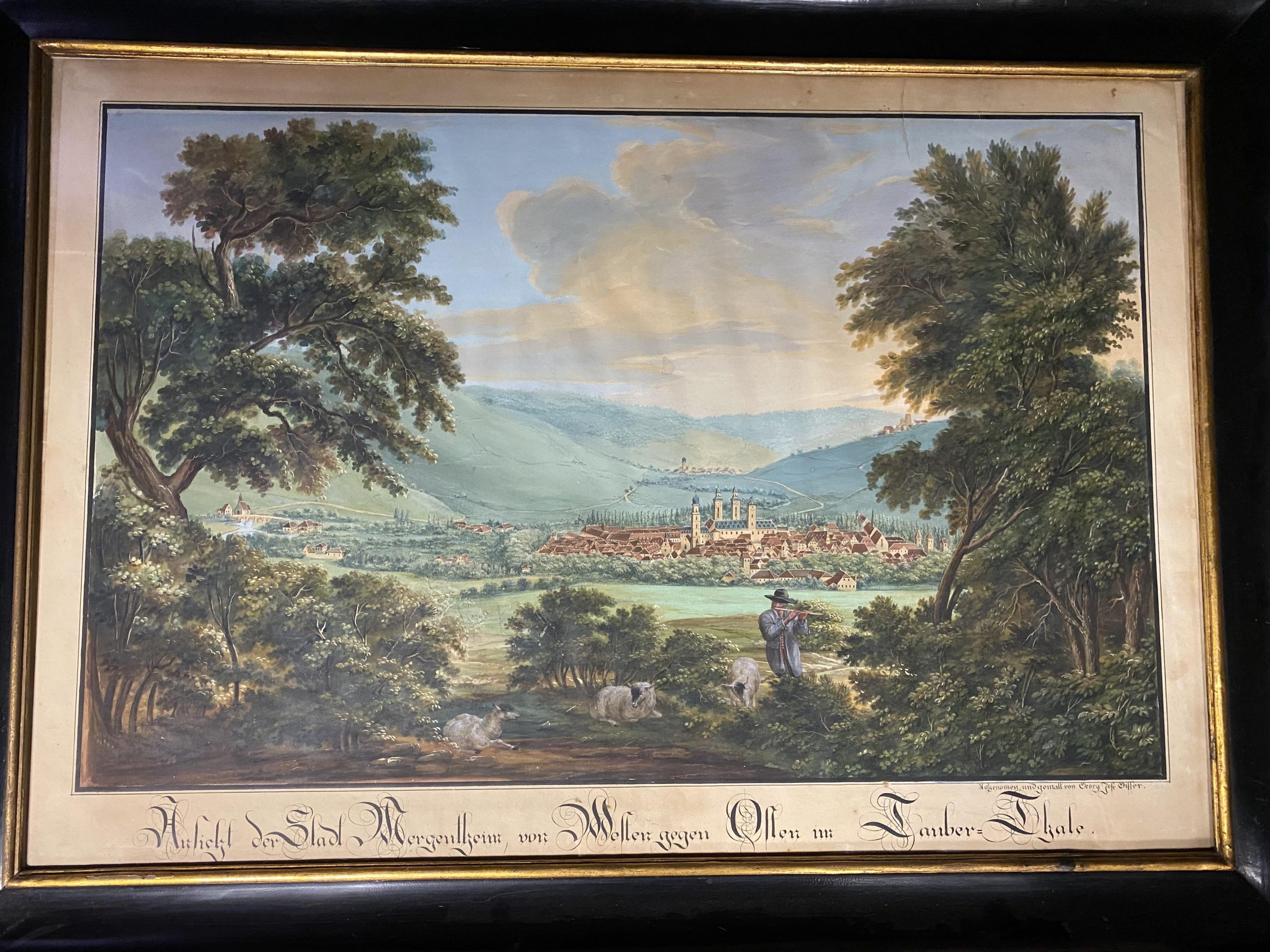 Das Bild zeigt ein Gemälde des Künstlers Georg Gisser mit einer Ansicht der Stadt Mergentheim von Westen gegen Osten im Taubertal.