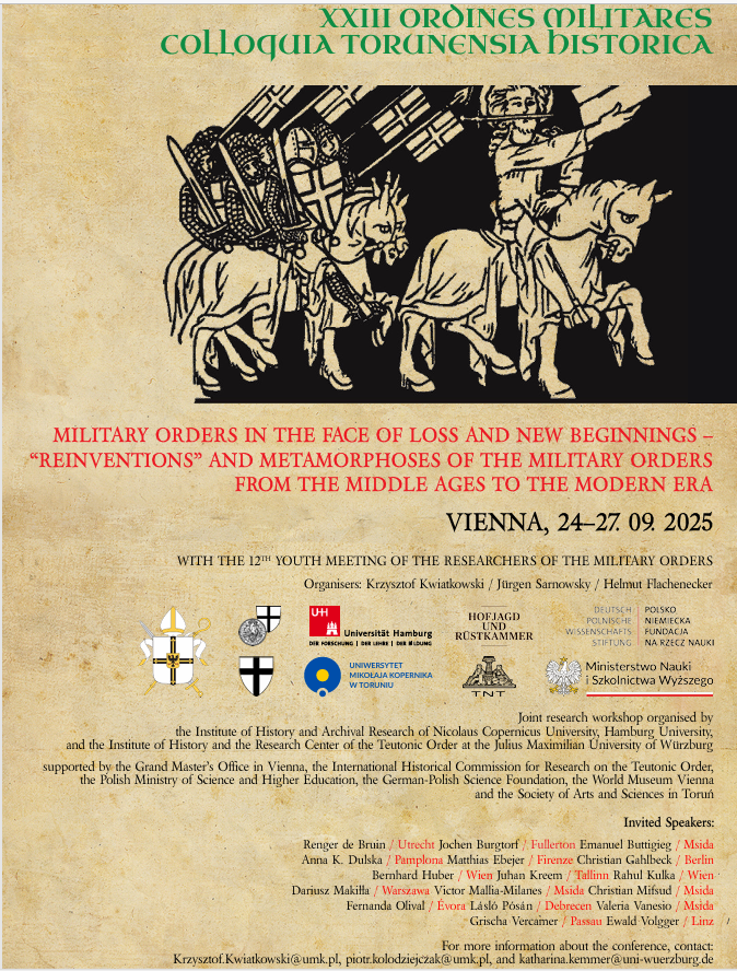 Das Bild zeigt das Plakat zur Tagung in Wien mit dem Thema "Die Ritterorden angesichts Verlus und Neuanfang - Die "Neuerfindungen" und Metamorphosen der Ritterorden in Mittelalter und Neuzeit"