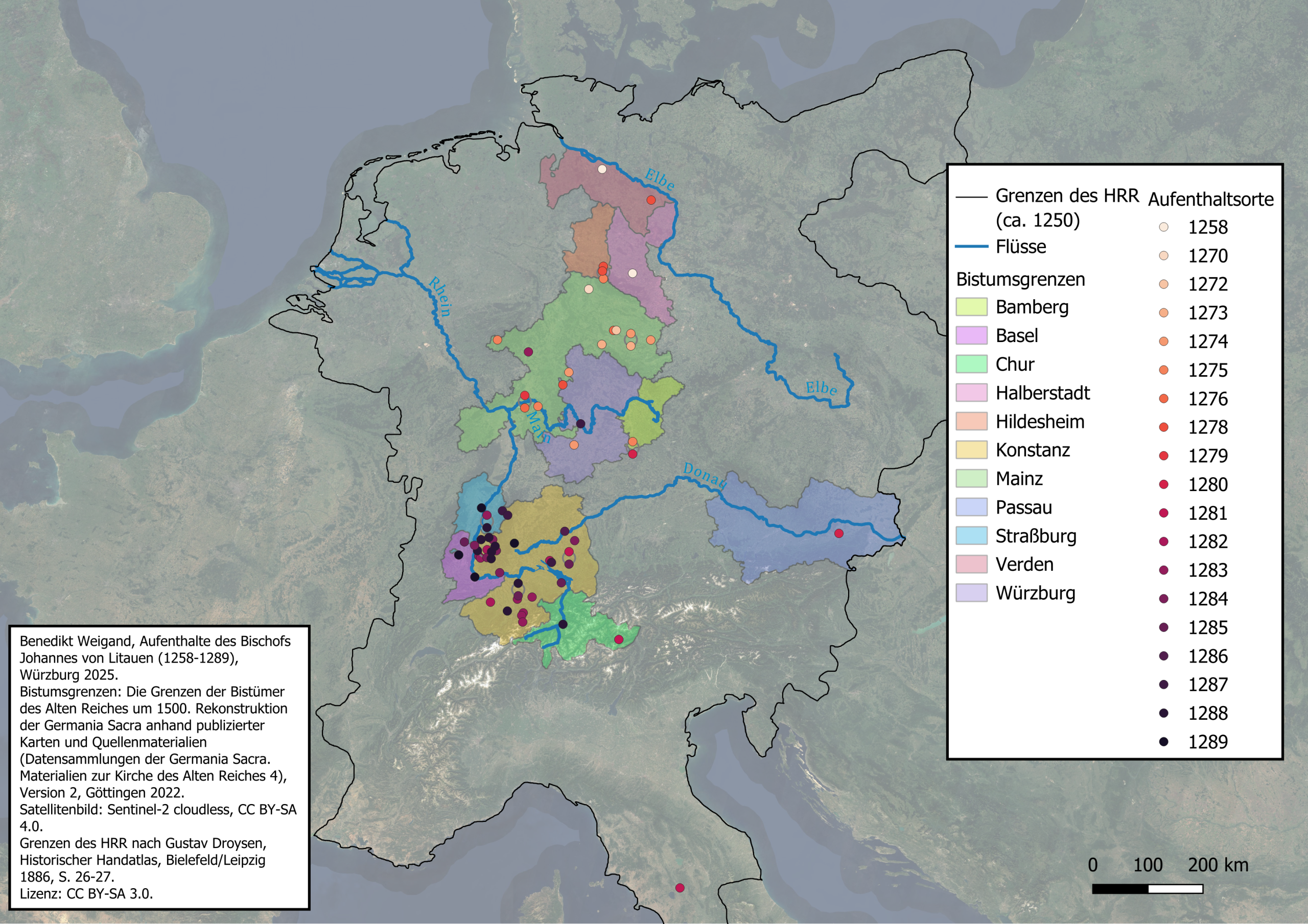 Das Bild zeigt die Aufenthaltsorte des Bischofs Johannes von Litauen (1258-1289)