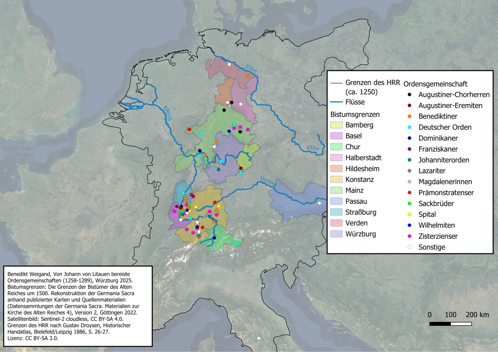 Das Bild zeigt die von Johann von Litauen bereiste Ordensgemeinschaften (1258-1289)