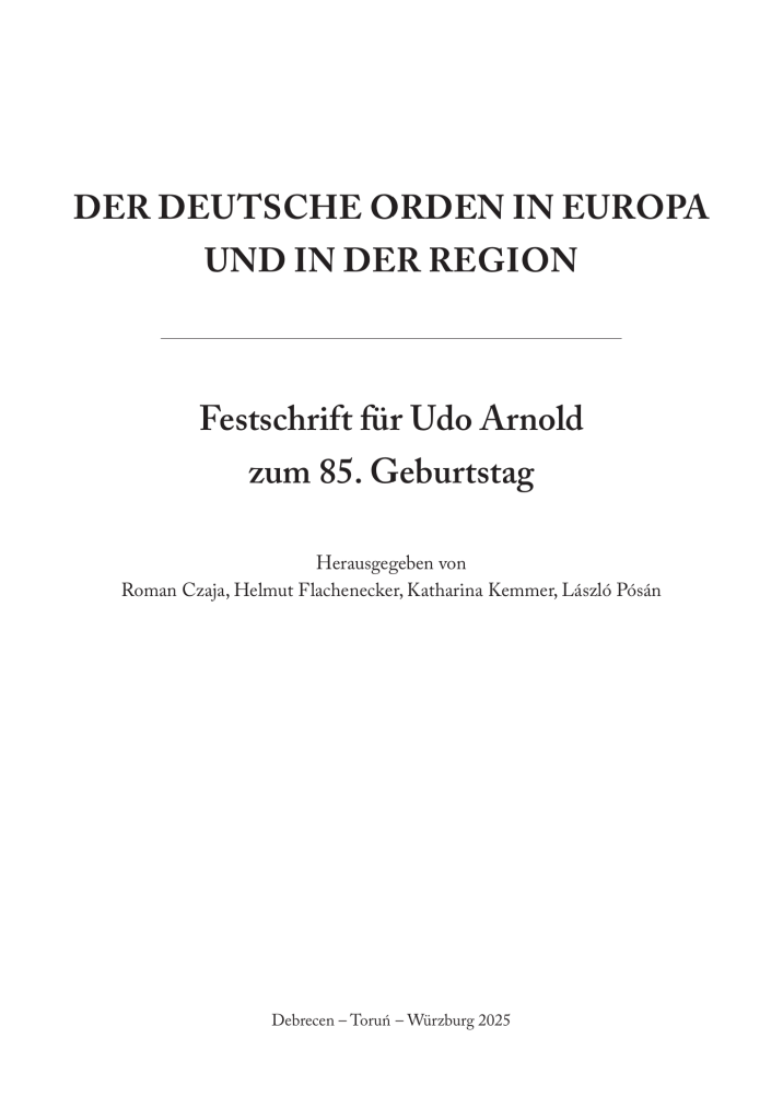 Das Bild zeigt die Titelseite der Festschrift für Udo Arnold zum 85. Geburtstag