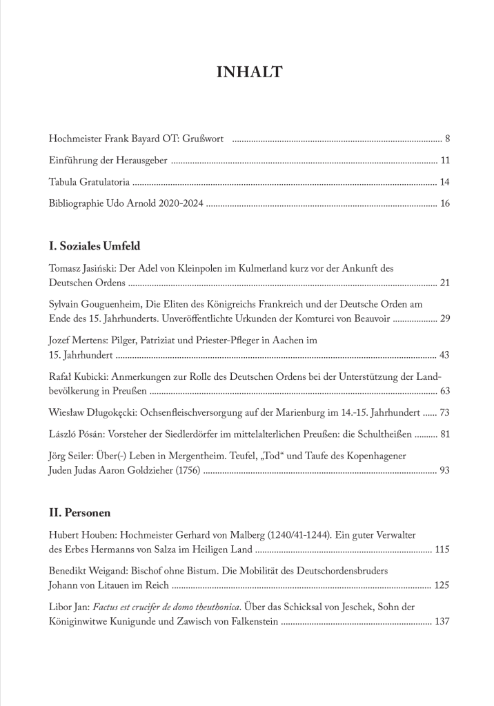 Das Bild zeigt das Inhaltsverzeichnis, Seite 5 der Festschrift für Udo Arnold zum 85. Geburtstag