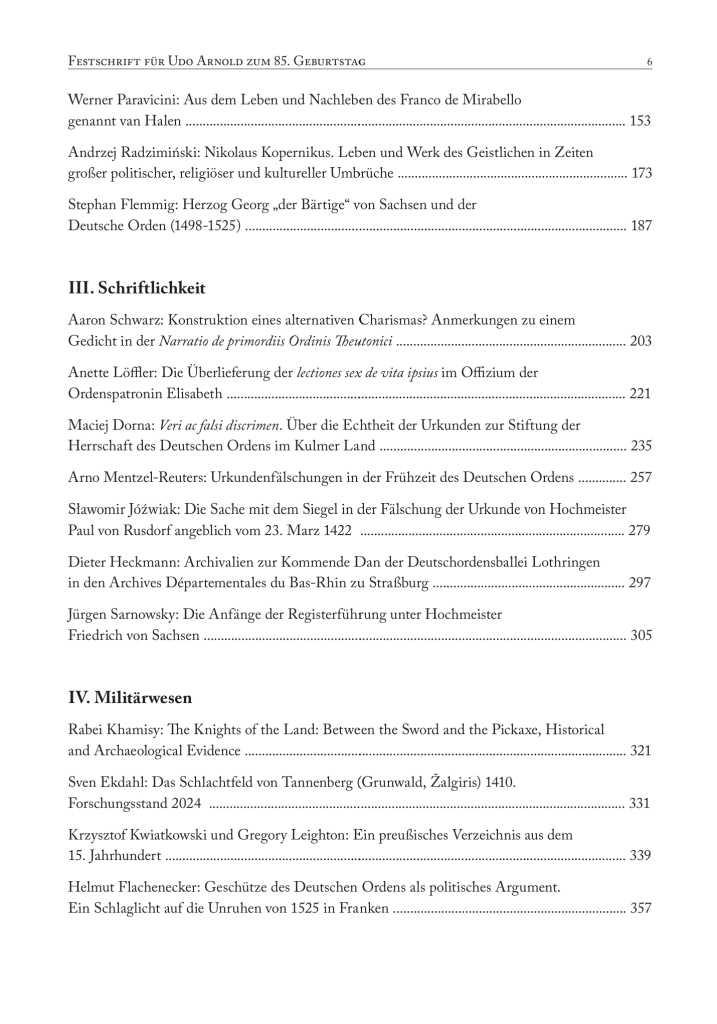 Das Bild zeigt das Inhaltsverzeichnis, Seite 6 der Festschrift für Udo Arnold zum 85. Geburtstag