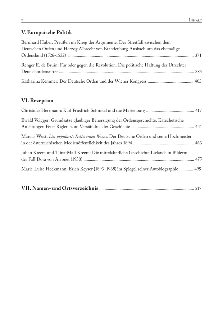 Das Bild zeigt das Inhaltsverzeichnis, Seite 7 der Festschrift für Udo Arnold zum 85. Geburtstag