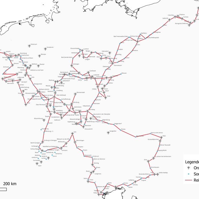 Die Abbildung zeigt die Reiseroute der beiden Visitatoren mit modernen Ortsnamen