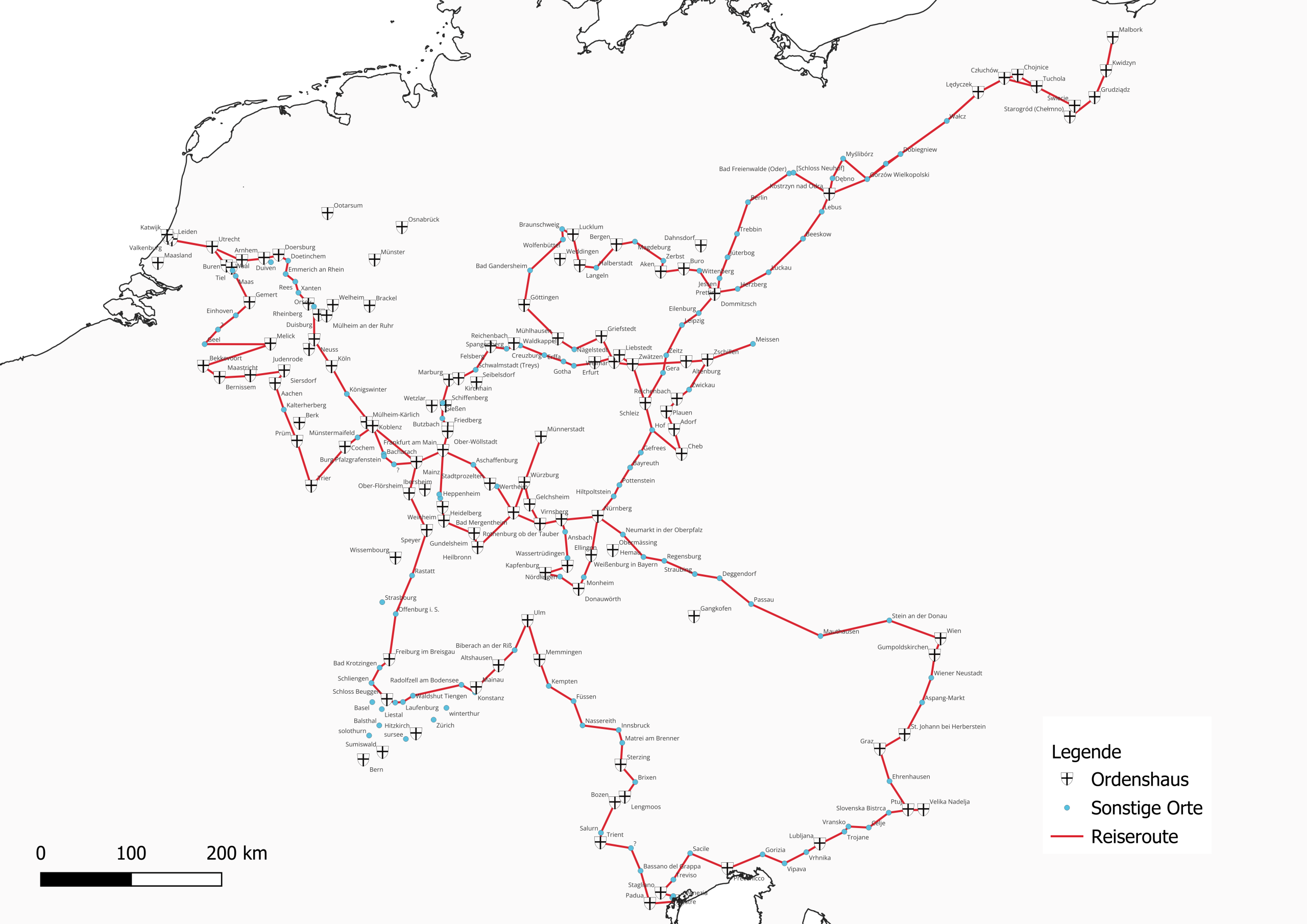 Die Abbildung zeigt die Reiseroute der beiden Visitatoren mit modernen Ortsnamen