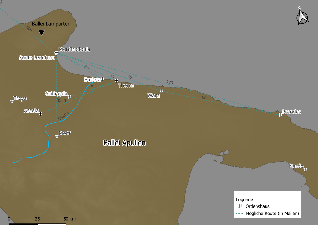 Diese Abbildung zeigt die im Bericht genannten Ordensbesitzungen in Apulien