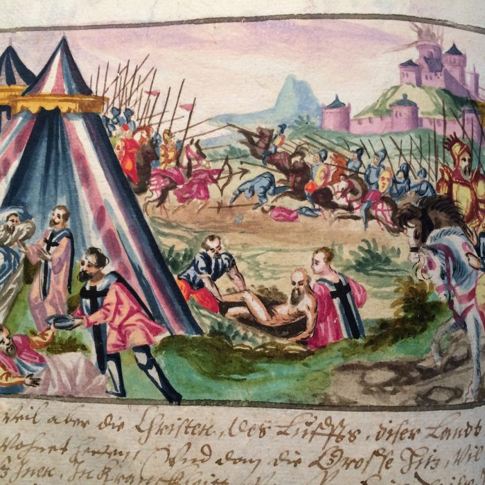 Hier sieht man eine Darstellung zur Gründung des Deutschen Ordens vor Akkon 1190