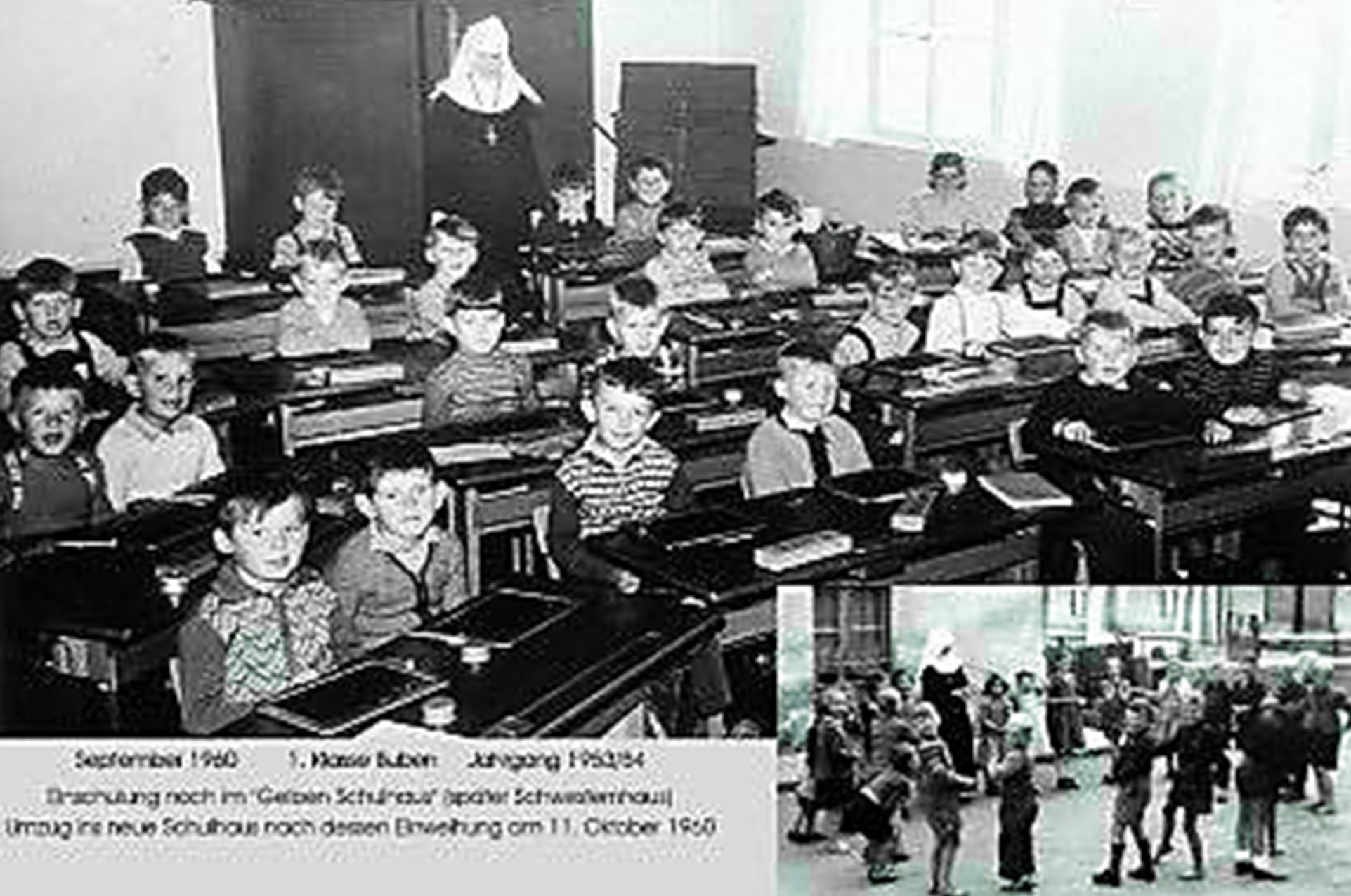 Hier sieht man den Schulunterricht 1960 mit einer Nonne