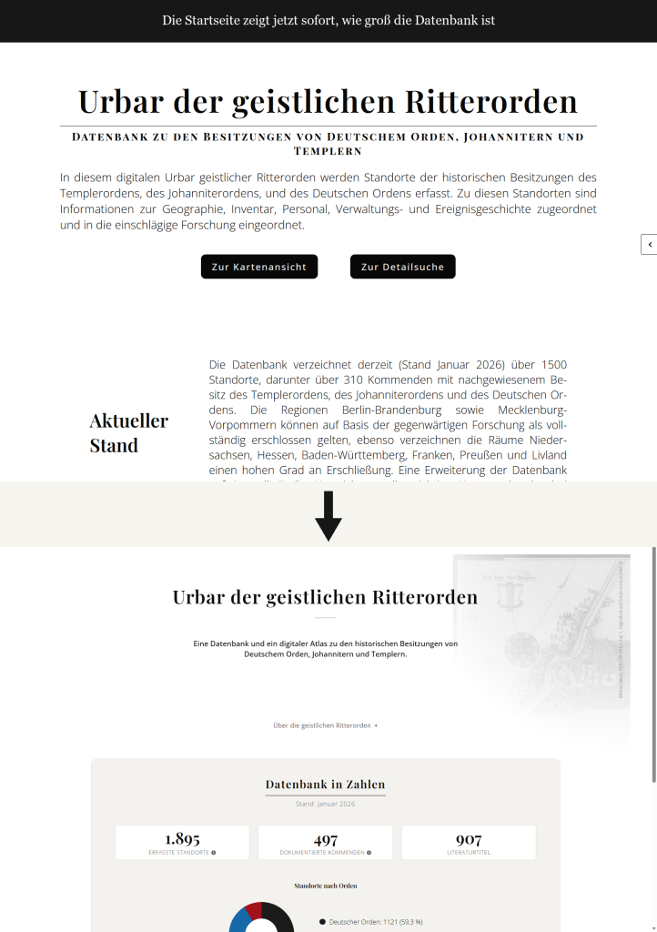 Vergleich der Startseite vorher/nachher: oben die bisherige Textversion, unten die neue Startseite mit dem Bereich "Datenbank in Zahlen" (erfasste Standorte, Kommenden, Literaturtitel).