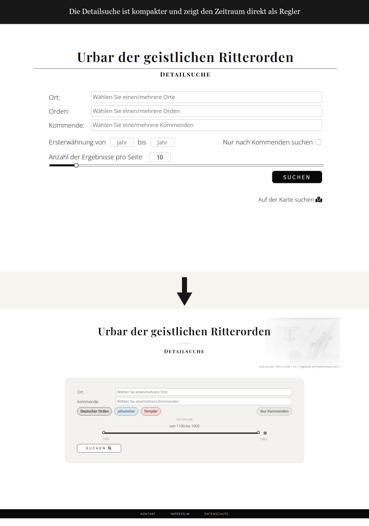 Vergleich der Detailsuchmaske vorher/nachher: in der neuen Version sind die Orden als anklickbare Chips dargestellt, der Zeitraum lässt sich per Schieberegler von 1100 bis 1900 eingrenzen.