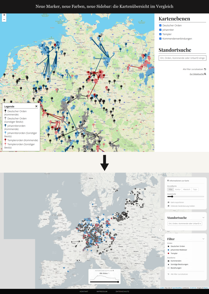 Vergleich der Kartenansicht vorher/nachher: die neue Karte zeigt farbige Marker für Deutschen Orden, Johanniter und Templer sowie eine überarbeitete Seitenleiste mit Grundkarten-Auswahl und Filtern.