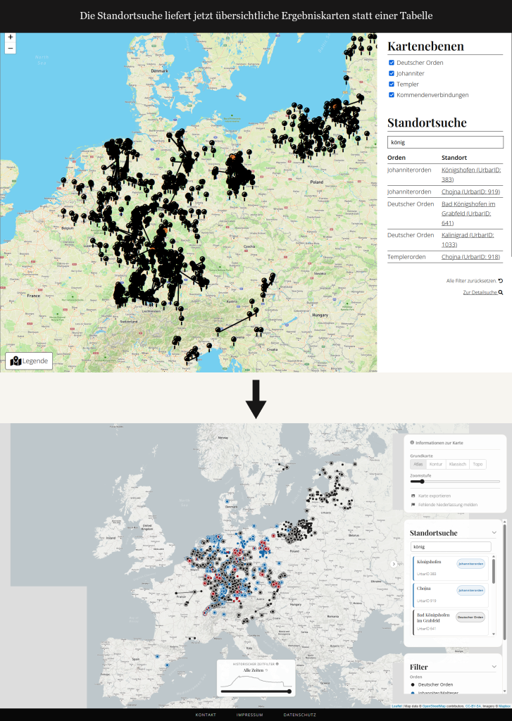 Vergleich der Standortsuche vorher/nachher: statt einer reinen Tabelle liefert die neue Suche übersichtliche Ergebniskarten mit Bild und Kurzinfo je Treffer.